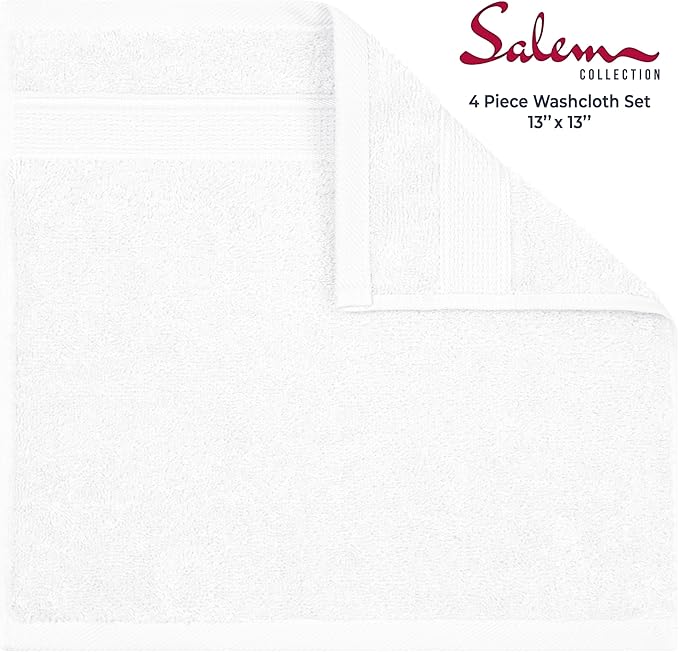American Soft Linen Salem Washcloth Sets, 4 Piece Luxury 600 GSM 100% Cotton Washcloths for Bathroom, 13x13 inches Washrags Premium Quality Hand Face Towels, White