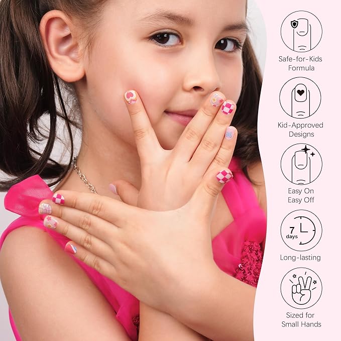 DANNI & TONI Kids Gel Nail Strips Heart Checker Butterfly Stars Salon-Quality Peel & Stick Manicure for Children (Age 6+)– Safe, Long-Lasting, Easy to Apply |Flutterheart