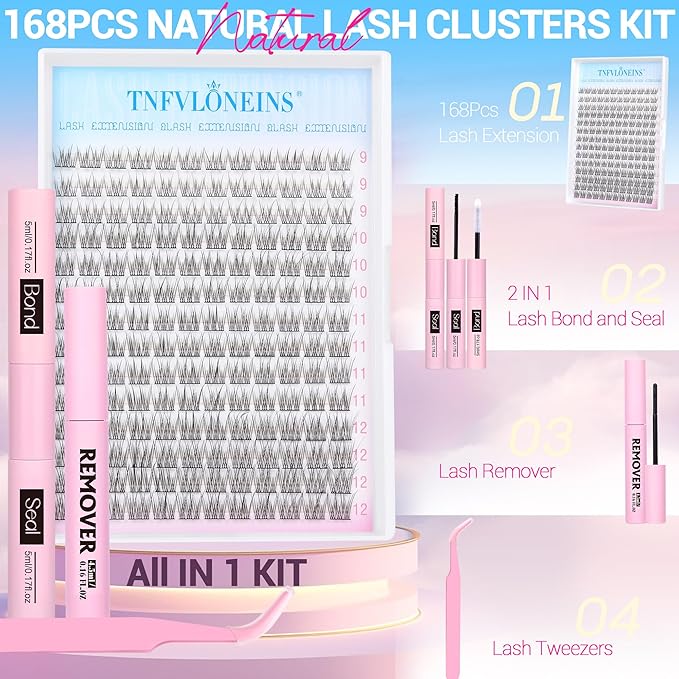 Natural Lash Extension Kit Wispy Lash Clusters Kit 168Pcs Eyelash Extension Kit 9-12MM Eyelash Clusters Lashes Individual Kit with Remover for Lash Extension, Bond and Seal and Tweezers by TNFVLONEINS