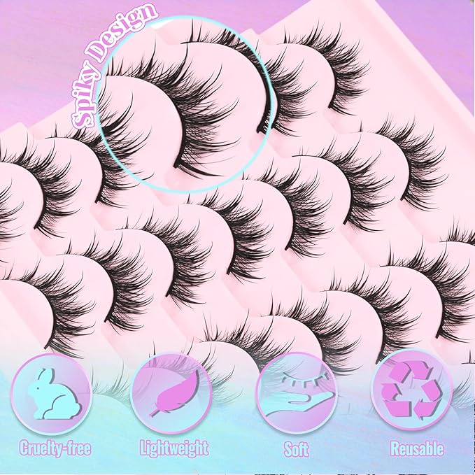 Losha Lashes Spiky Manga Lashes 14 Pairs Wet Look Anime False Eyelashes Wispy Asian Strip Lashes Pack Soft Reusable Fake Eyelashes (Spiky)
