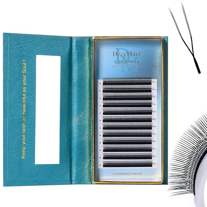 DeceMars U Eyelash Extensions Supplies 0.07mm M Curl 8-14mm Mixed Tray Easy Fans 2D UU Eye Lashes 1400 Pcs Y Shaped Premade Soft Russian Volume Eyelashes Matte Black 12 Rows (UU-0.07-M-8-14mm Mix)