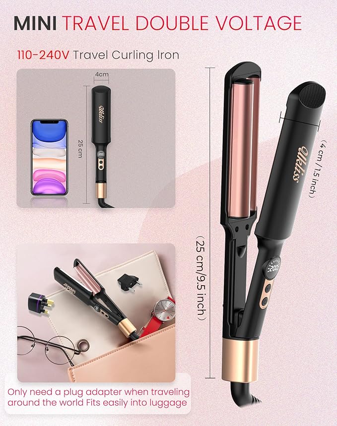 Mini Waver Hair Tool Crimper for Women Short Hair 0.4 inch Travel Double Barrel Small S Waver Ceramic Curling Iron (110-240V) Dual Voltage with 5 Temps, Anti-scalding (Black with EU/UK Plug Adapter)