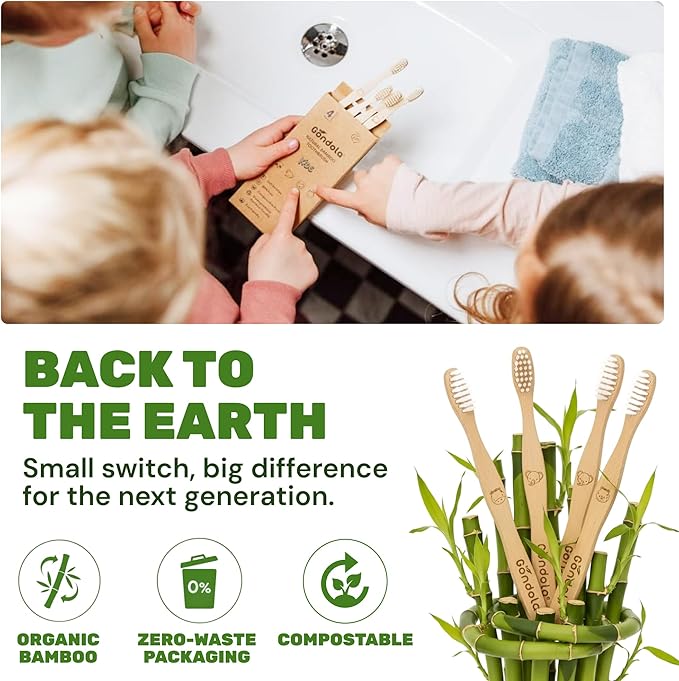 Gondola Kids Bamboo Toothbrush - 4 Pack Soft Bristles Toothbrush with Smooth Water-Resistant Bamboo Handle for Small Hands - Manual Toothbrushes for Boys & Girls - Travel & Home Bathroom Set