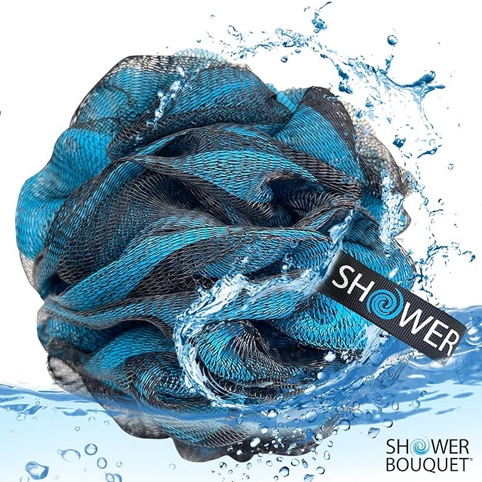 SHOWER BOUQUET Loofah-Charcoal Bath-Sponge XL-Color-4-Pack // Extra Large 75g Soft Mesh Black Luffa Loofa Loufa Puff Set/Exfoliating Body Scrubber for Women and Men - Exfoliate & Soothe Face & Body
