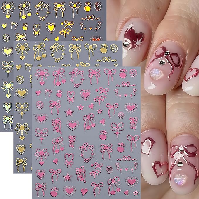 6 Sheets Heart Bow Tie Nail Art Stickers Decals 3D Self-Adhesive Bow Cherry Pegatinas Uñas Gold Pink Laser Hollow Heart Nail Supplies Y2K Star Heart Nail Art Design Decoration Accessories for Women