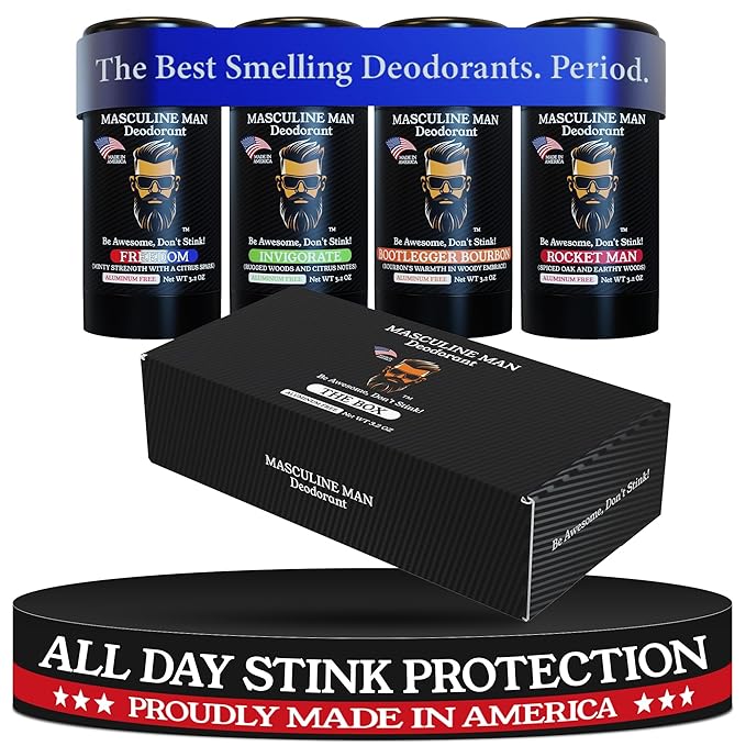 Deodorant for Men - Aluminum Free Mens Deodorant - Travel Size Natural Deodorants - Sweat Protection for Underarm - Stain-Free Stick Deodorants - Made in USA, 3.2oz (Pack of 4, The Box)