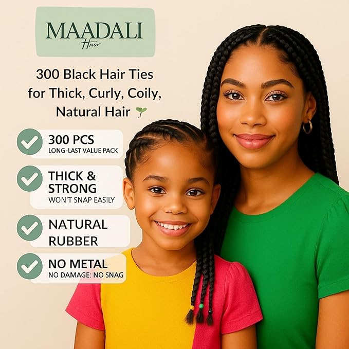 300 Black Hair Ties - Small Strong Rubber Bands for Thick, Curly & Afro Hair, Braids, Ponytails & Protective Styles - No Breakage Hair Elastics bands for Women & Girls - MAADALI
