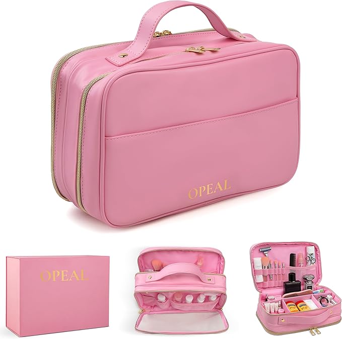 OPEAL Women’s Travel Makeup Organizer – Waterproof Modular Cosmetic Case with Compartments, Elegant Toiletry Bag for Carry-On & Daily Essentials, Pink
