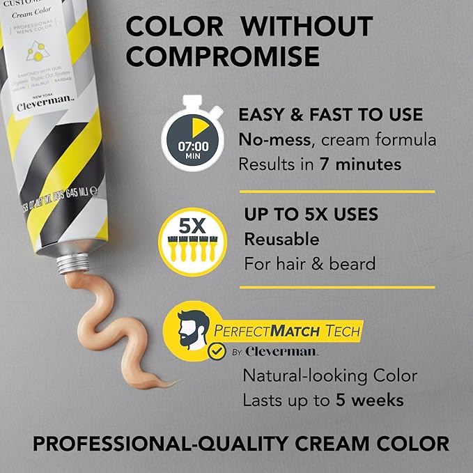 Reusable Hair & Beard Dye for Black Men – Dark Brown | Up to 5 Uses, 7 Minutes | Natural Gray Coverage, No-Drip Cream with SkinArmour® – Cleverman