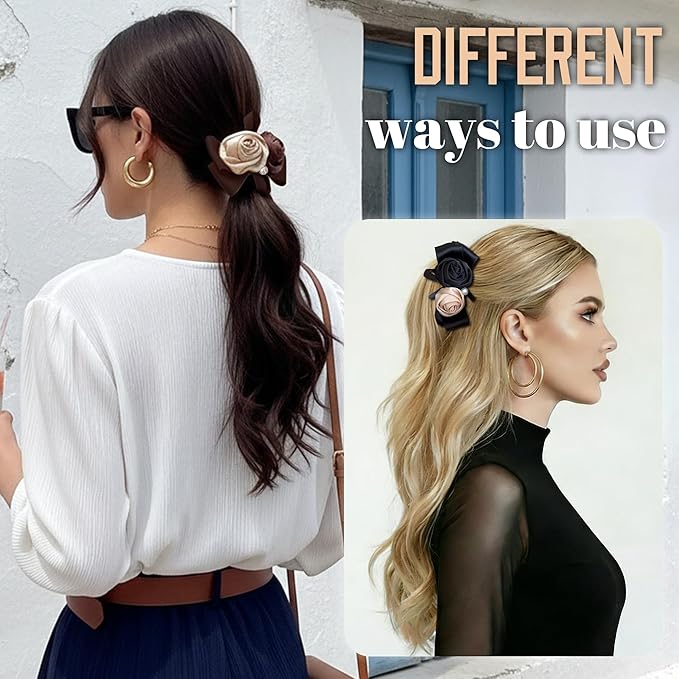 2 Pack Satin Rose Banana Clips for Fine to Medium Hair, Flower Ponytail Holder with Pearl, Non-Slip Vertical Clamp, Vintage French Hair Accessories (Black & Brown)