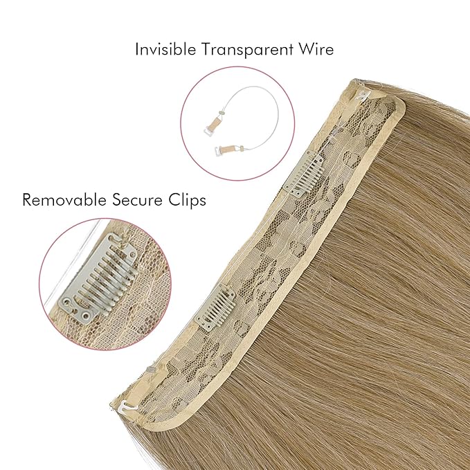 REECHO Invisible Wire Hair Extensions with Transparent Headband Adjustable Size Removable Secure Clips in Straight Secret Hairpiece for Women (14 Inch (Pack of 1), Medium Blonde with Pale Highlights)