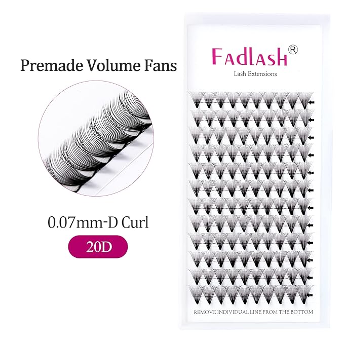 FADLASH Premade Volume Lash Extensions 20D 0.07 D Curl - Middle Long Stem Fans for Eyelash Extensions (20D-0.07D, 14mm)