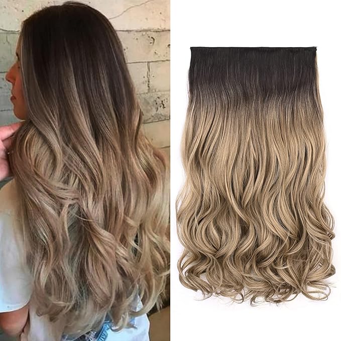REECHO 20" 1-pack 3/4 Full Head Curly Wave Clips in on Synthetic Hair Extensions HE008 Hair pieces for Women 5 Clips 4.5 Oz Per Piece - Dark Brown to Ash Blonde