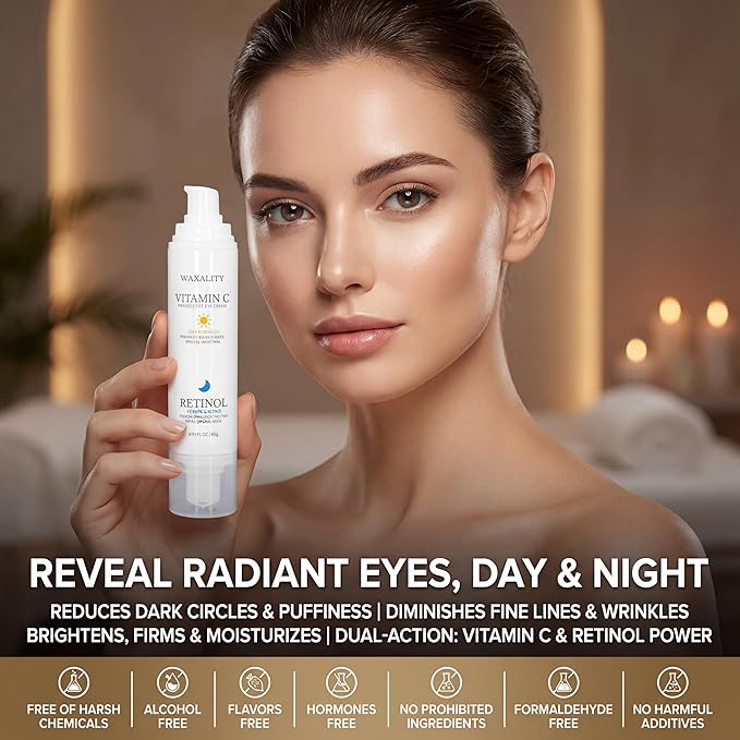 Retinol Under Eye Cream for Dark Circles, [Vitamin C] Remove Puffiness & Wrinkles, Day & Night Brightening Anti-Aging Eye Cream for Fine Lines, 0.67 Fl Oz