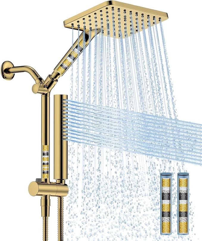 Hombeter Filtered Shower Head with Handheld Spray Combo High Pressure Rain Shower Head Dual Shower Head with Filters - Removes Chlorine Height Adjustable & Built-in Power Wash (Gold)