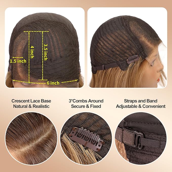 KKU 18 Inch Ombre Golden Brown Human Hair Wigs for Women,Layered Straight Hair Wig with Side Bangs,Wear Natural Realism