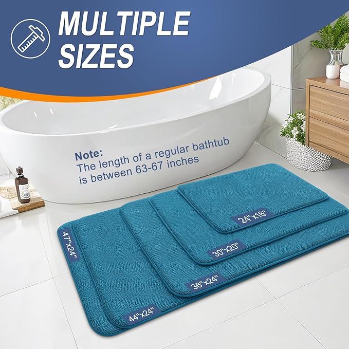 OLANLY Thick Memory Foam Bath Mat Rug 47x17, Extra Soft Absorbent Bathroom Rug, Quick Dry Bath Mat, Non-Slip, Machine Washable Carpet for Bathroom, Tub and Shower, Home Decor Accessories, Peacock Blue