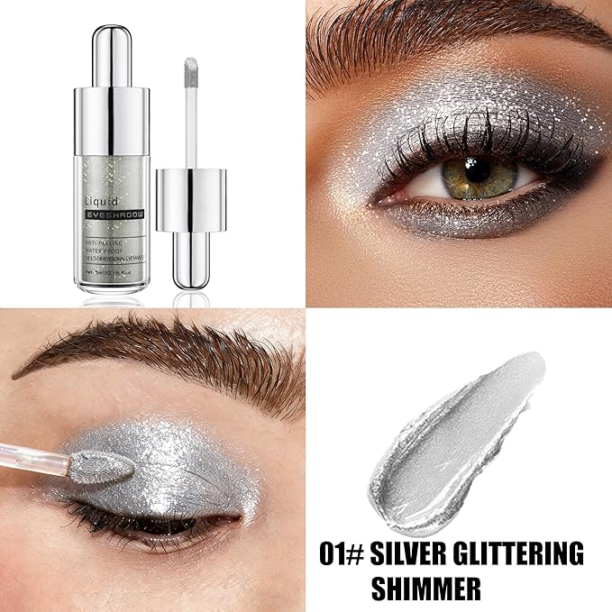 Silver Glittering Shimmer Liquid Eyeshadow, Longwear Waterproof Lightweight Eye Shadow Cream, Buildable Blendable Eye Makeup, Vegan Cruelty-Free Paraben-Free for Older Women Stage makeup 01#