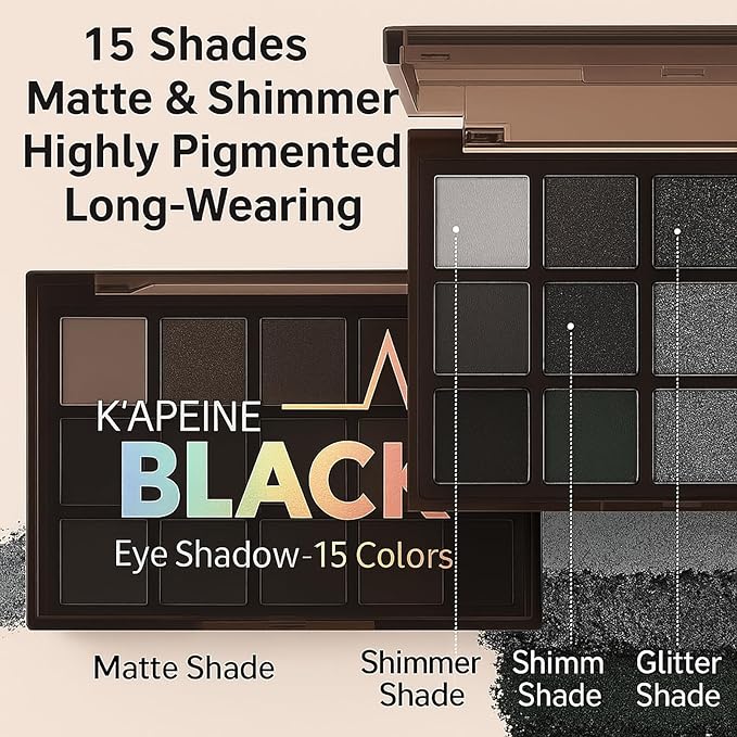 K'APEINE Black Eyeshadow Palette, 15 Colors Smokey Eye Shadow Palette Gothic Smokey Eyeshadow Palette Silver Eye Makeup Kit Matte & Shimmer Dark Shades Matte for Goth Makeup No Fading, Long Lasting