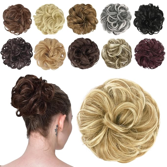 FESHFEN Messy Bun Hair Piece - Wavy Synthetic Chignon Scrunchies for Instant Volume, Elastic Bun Ponytail Hair Extensions Thick Hairpieces for Women, Sunny Blonde 1.50 oz