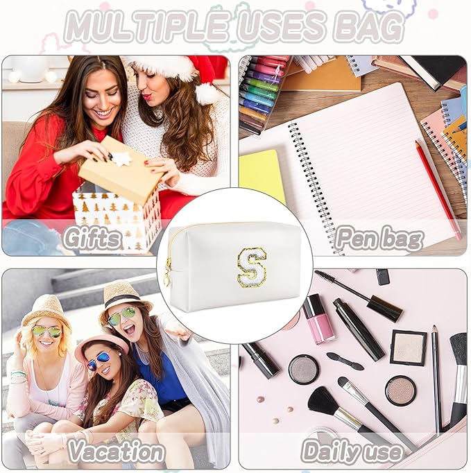URSKYTOUS Gifts for Girls Initial Makeup Bag Personalized Cosmetic Bag with Zipper Cute Travel Toiletry Bags Waterproof PU Preppy Makeup Pouch Birthday Gift for Teen Girls Women(White S)