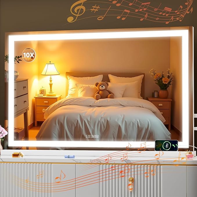 MINISO Vanity Mirror with Lights,47.2"x29.5"LED Makeup Mirror with Bluetooth Speaker,Touch Sensor,3 Light Colors,Dimmable,Metal Frame,with 10X Magnifying Glass,Rectangular White