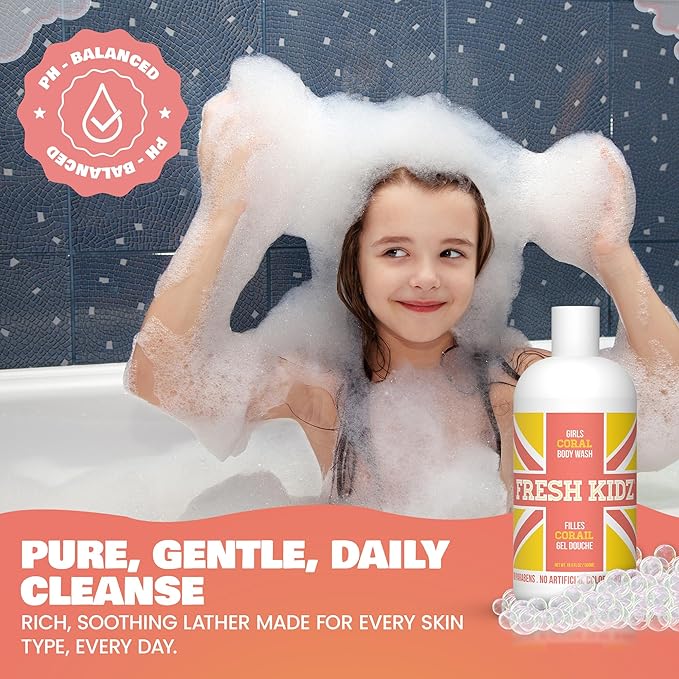 Fresh Kidz Body Wash for Kids and Teens - Gentle Bath and Shower Cleanser for All Skin Types - Girls "Coral", 16.9 Fl.Oz.