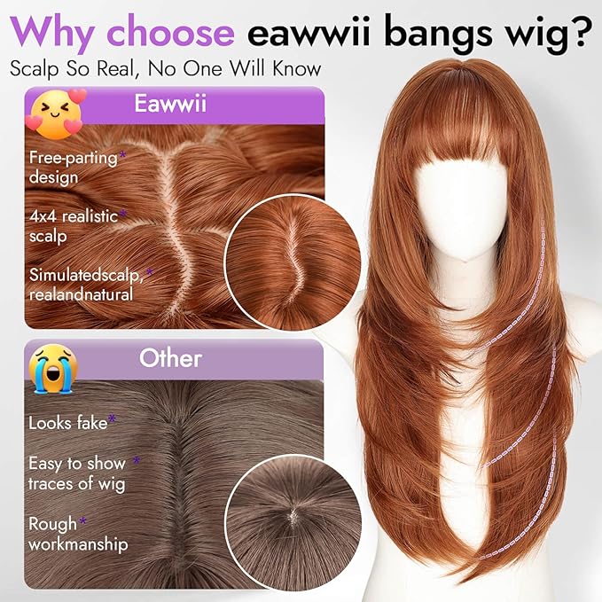 Long Ginger Wig with Bangs for Women,4x4 Realistic Scalp, Free Parting,Layered Hairstyle Synthetic Heat Resistant for Daily Party Use 26 inch