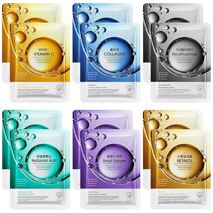 12 Pack Sheet Face Masks Skincare, Collagen Face Mask Hyaluronic Acid Hydrating Face Sheet Masks, Vitamin C Face Masks for All Skin Types, Moisturizing, Brightening, Anti-Aging, Valentine's Day Gift