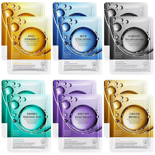 12 Pack Sheet Face Masks Skincare, Collagen Face Mask Hyaluronic Acid Hydrating Face Sheet Masks, Vitamin C Face Masks for All Skin Types, Moisturizing, Brightening, Anti-Aging, Valentine's Day Gift