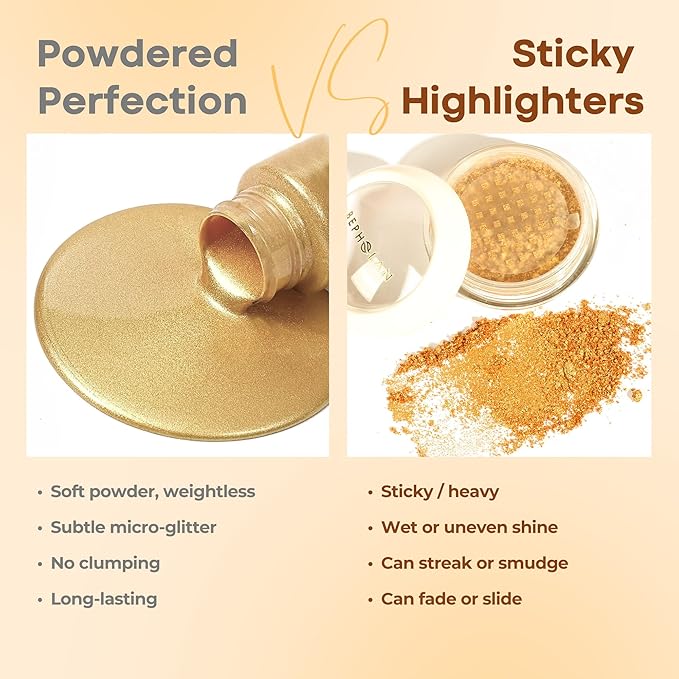 BEPHOLAN Highlighter Powder,High Gloss Glitter,Sparkling Powder Makeup for Face and Body - High-Pigment Shimmer Makeup, Long-Lasting & Buildable（Gilded Gleam 10g）