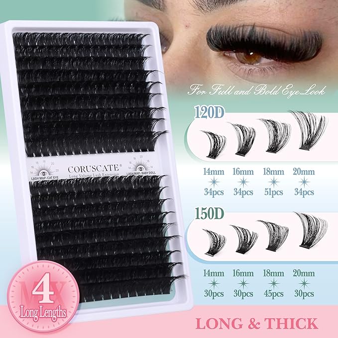 CORUSCATE Lash Clusters 120D+150D Thick Eyelash Clusters 14-20mm Long Cluster Eyelash Extensions 288pcs Individual Lashes Cluster DIY Eyelashes Mink Strips Volume Lash Extension