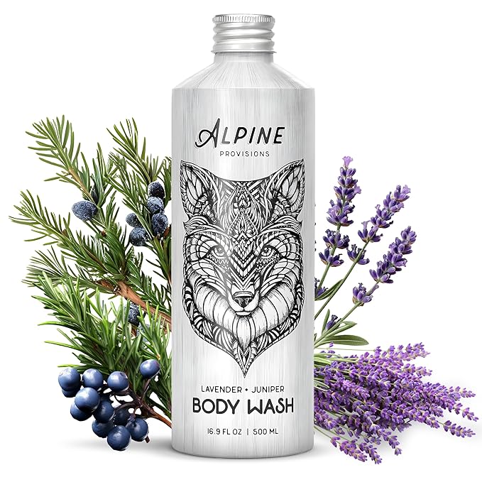 Alpine Provisions Natural & Organic Body Wash with Lavender & Juniper – Moisturizing Shower Gel with Aloe Vera, Coconut Oil & Essential Oils – Vegan, Sulfate-Free, Plastic-Free – 16.9 fl oz