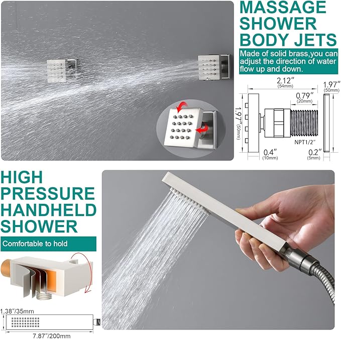 HOMEDEC Full Body Shower System with Dual Shower Heads, 6pcs Body Jets with 15.7x31.5" Rainfall and 6" Showerheads, Brushed Nickel