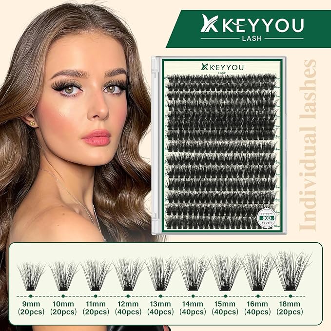 KEYYOU LASH Clusters 3D Effect Eyelash Clusters 280pcs 80D D Curl 9-18MIX Individual Lashes Wispy Lashes Volume Cluster Lashes Natural Soft DIY Lash Extension(3D-80D-D-9-18MIX)