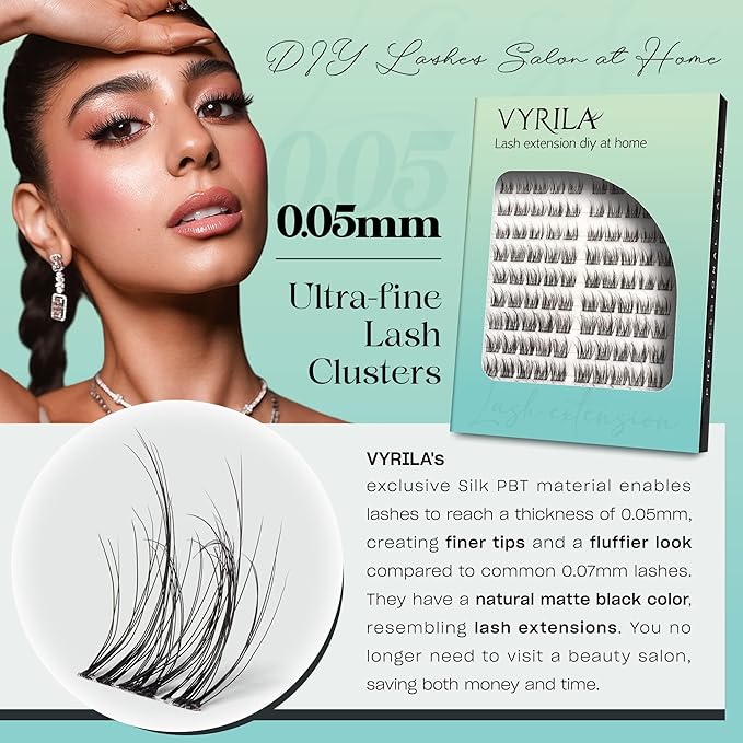 Lash Clusters Kit 0.05mm Individual Lashes, 3D Wispy Lashes, 0.1mm Super Thin Band Resuable Natural Lashes,D Curl Faux Mink Lashes,120pcs Lash Extension (Green Charm-D-0.05-8-16mix-Kit)
