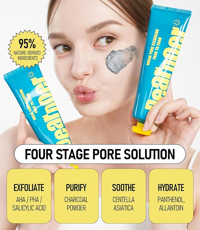 Dear Doer Break Pore Cleansing Pack to Foam – 3-in-1 Korean Skin Care Wash-Off Mask & Exfoliator & Cleanser w/Charcoal and Salicylic Acid – AHA, BHA, PHA for Oily, Congested Skin (3.38 fl oz)
