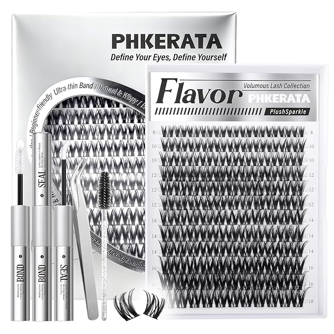 Flora Lash Clusters Kit Wispy Cluster Eyelash Extensions Natural Eyelash Clusters Kit Ultra-thin Band Individual Lashes DIY Lash Extensions with Bond and Seal Tweezers, 8-18mm, 132Pcs