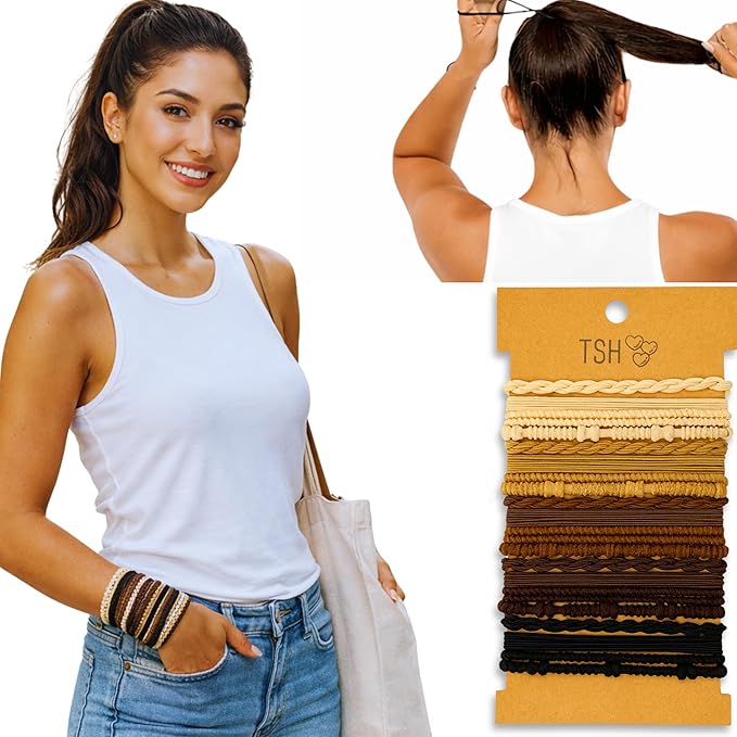 Boho Hair Ties, 20-Pack (4 Styles) Cute Elastic Bands for Thick or Thin Hair, No-Damage Stretch Bracelets, Brown Hair Accessories for Women & Girls (Festival Bloom)