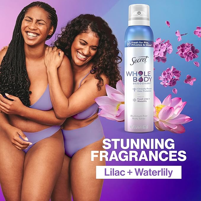 Secret Whole Body Deodorant Spray for Women, Fresh Lilac & Waterlily, Aluminum Free Deodorant Spray, 72 HR Odor Protection, 3.5 oz