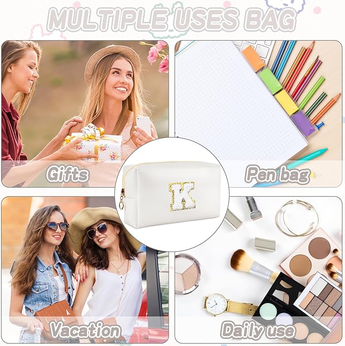 URSKYTOUS Gifts for Girls Initial Makeup Bag Personalized Cosmetic Bag with Zipper Cute Travel Toiletry Bags Waterproof PU Preppy Makeup Pouch Birthday Gift for Teen Girls Women(White K)
