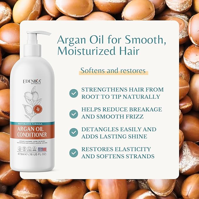 Edenika Botanicals Argan Oil Moisturizing Conditioner with Avocado, Blackberry & Jojoba, 16 fl oz, Restorative & Smoothing Formula, Vegan, Paraben-Free, Sulfate-Free, for All Hair Types