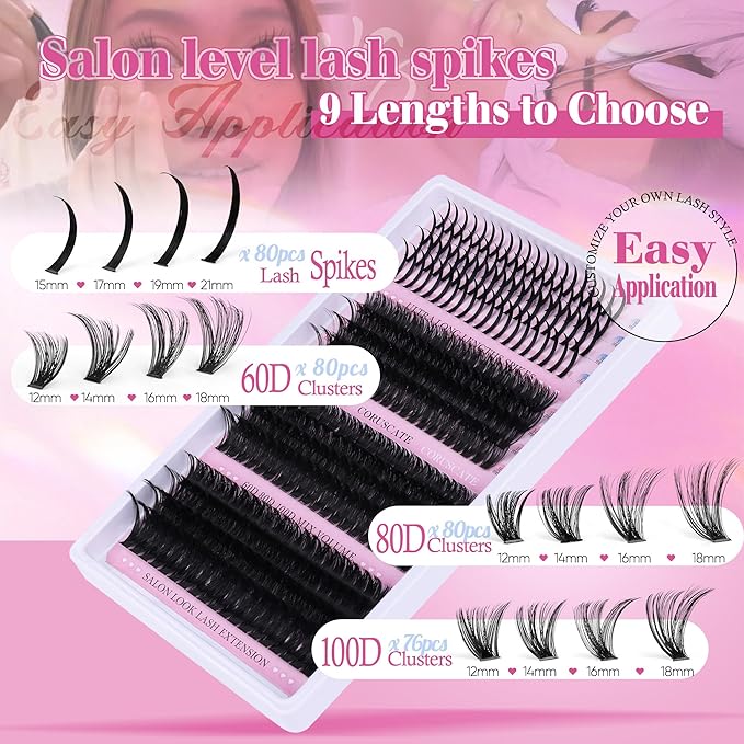 CORUSCATE Lash Clusters with Spikes 60D80D100D Eyelash Clusters Volume Cluster Eyelash Extensions Mega Style Lash Extension DIY Individual Lashes Strip Mink Spiky Thick Cluster Lashes
