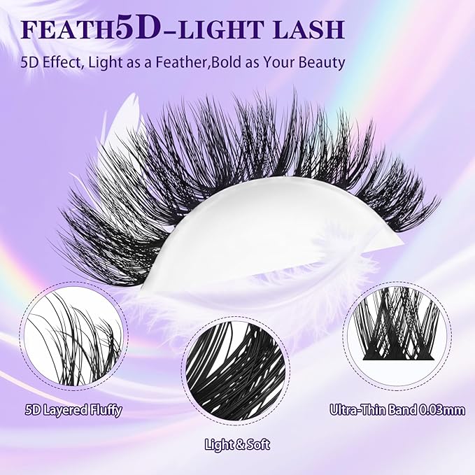B&Q Lash Clusters Fluffy Wispy Voluminous - 132 PCS Feath5D 06 Layered Individual Cluster Lashes, Feathered Lightweight Eyelash Extensions in 8-18mm, Waterproof False Lashes