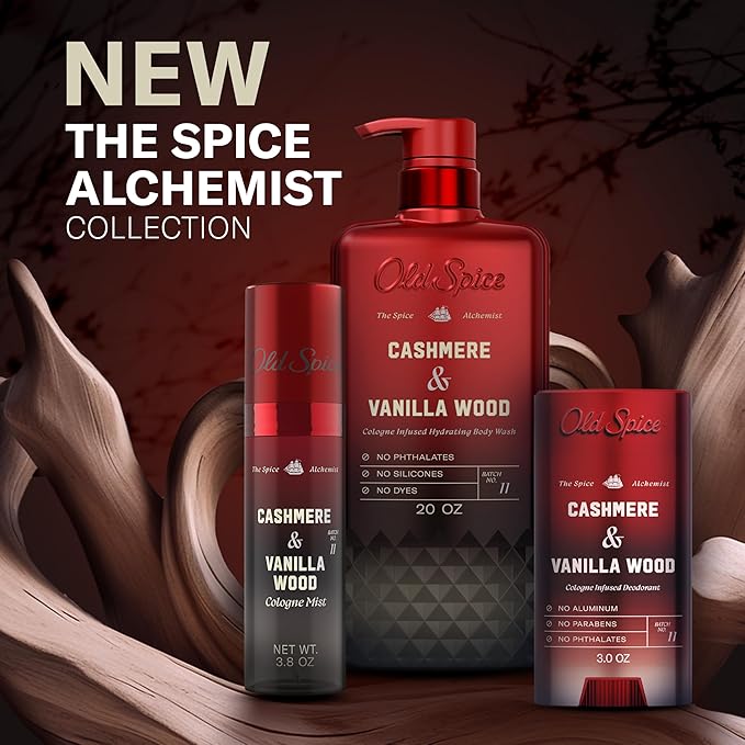 Old Spice Aluminum Free Deodorant for Men, The Spice Alchemist Collection, 24/7 Cologne Infused Scent, No Trade Off Formula, Free of Parabens & Phthalates, Cashmere + Vanilla Wood Scent, 3.0 oz