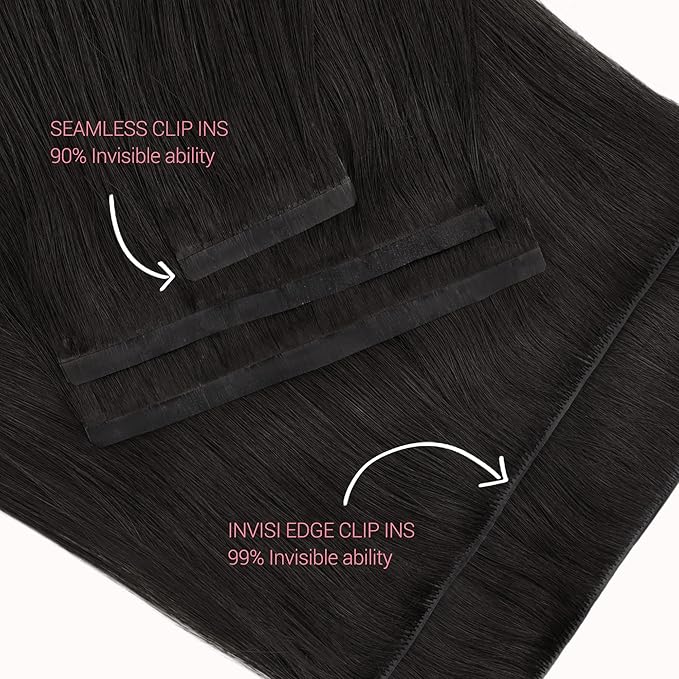 GOO GOO Invisi Edge Clip in Hair Extensions 18inch 110g 7Pcs Injected Seamless PU Clip in Hair Extensions, Virgin Real Human Hair, 1B Natural Black