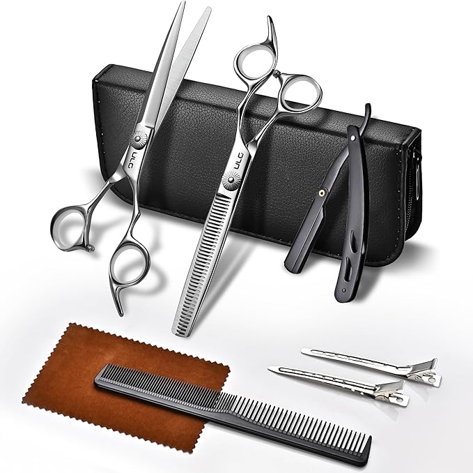 ULG Hair Cutting Scissors Set, 7 Inch 8-Piece Fast Haircut Kit for Easy Home Use with Thinning Scissors, Texturizing Razor, Comb, Clips - Silver Stainless Steel