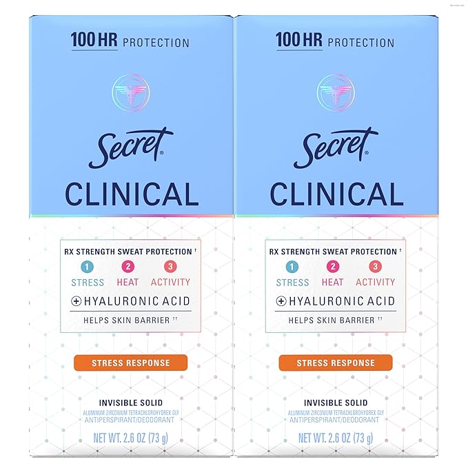 Secret Clinical Strength Antiperspirant Deodorant for Women, Stress Response, 100hr Sweat & Odor Protection, 3X Stress Protection with Hyaluronic Acid, PH Balanced, Invisible Solid, 2.6 oz (Pack of 2)