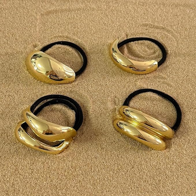 4PCS Golden Metal Hair Ties – No Damage Thick Band, High Elasticity, Durable, Stylish Golden Geometric Ponytail Holders Hair Accessories for Women