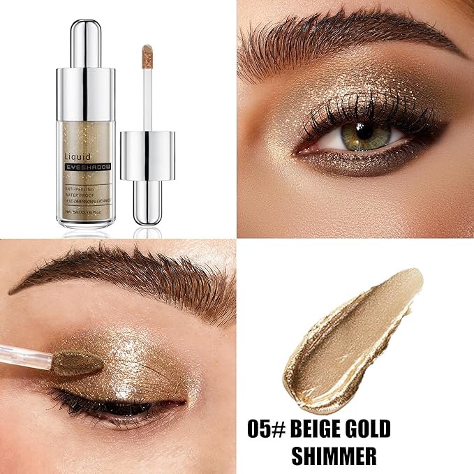 Beige Gold Shimmer Liquid Eyeshadow, Longwear Waterproof Eye Shadow Cream, Buildable Highly Pigmented Blendable Eye Makeup, Vegan Cruelty-Free Paraben-Free for Older Women Stage makeup 05#